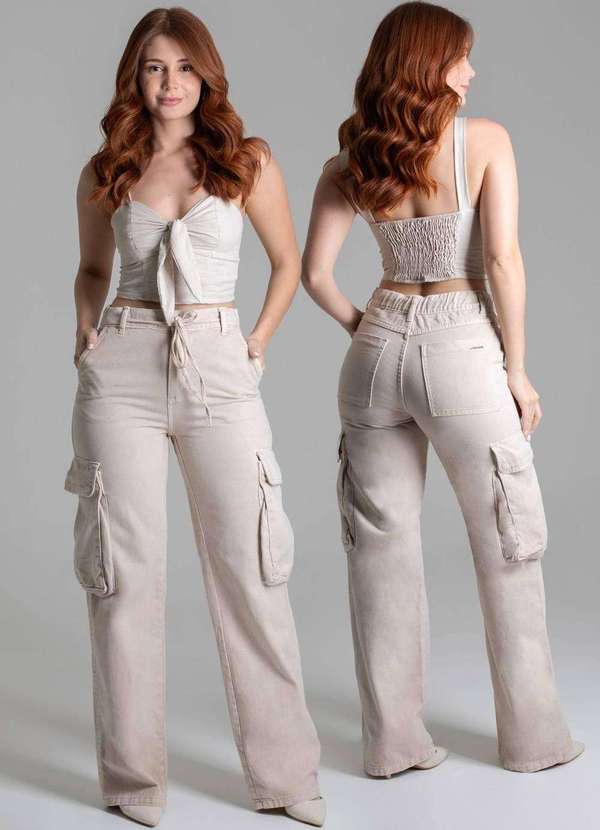 Sawary - Calça Sarja Sawary Wide Leg - 278764 Bege 6