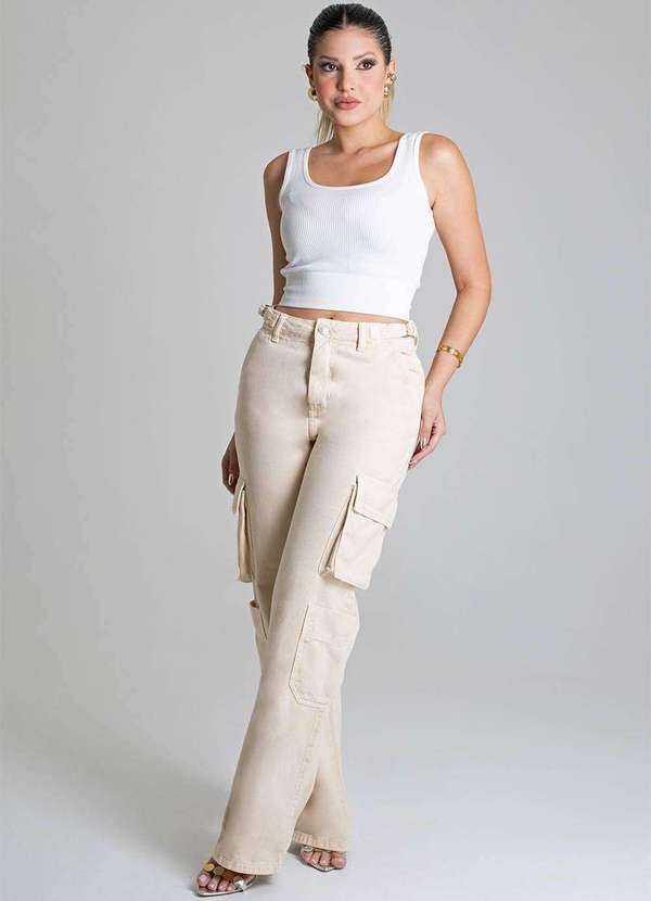 Sawary - Calça Sarja Sawary Wide Leg - 279022 Bege 2