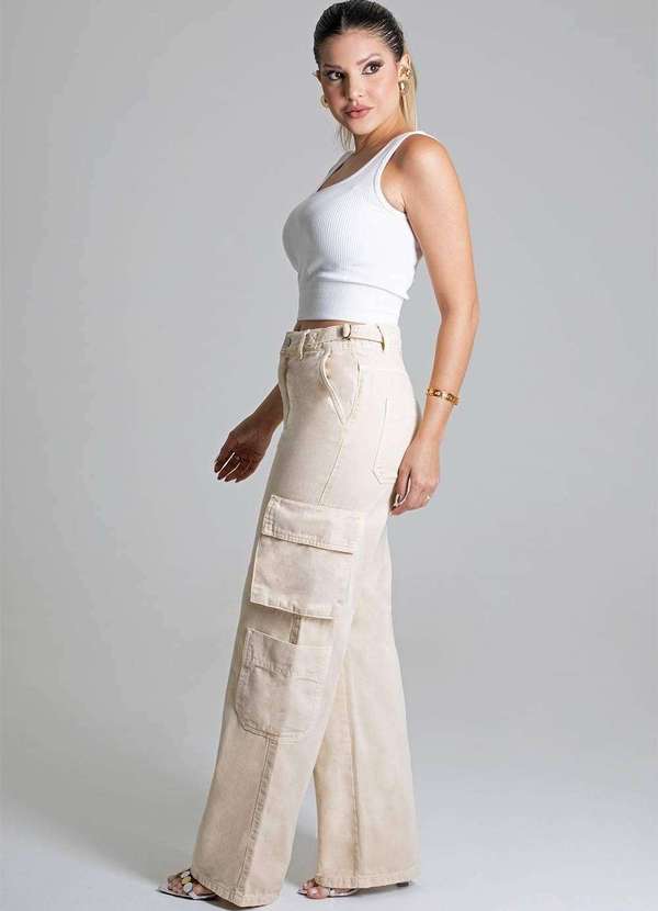 Sawary - Calça Sarja Sawary Wide Leg - 279022 Bege 3