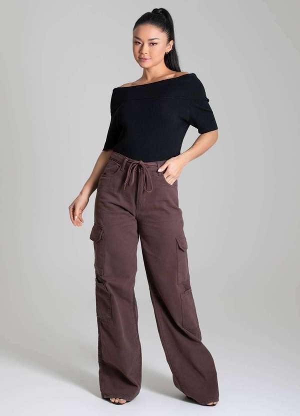 Sawary - Calça Sarja Sawary Wide Leg - 279524 Marrom 2