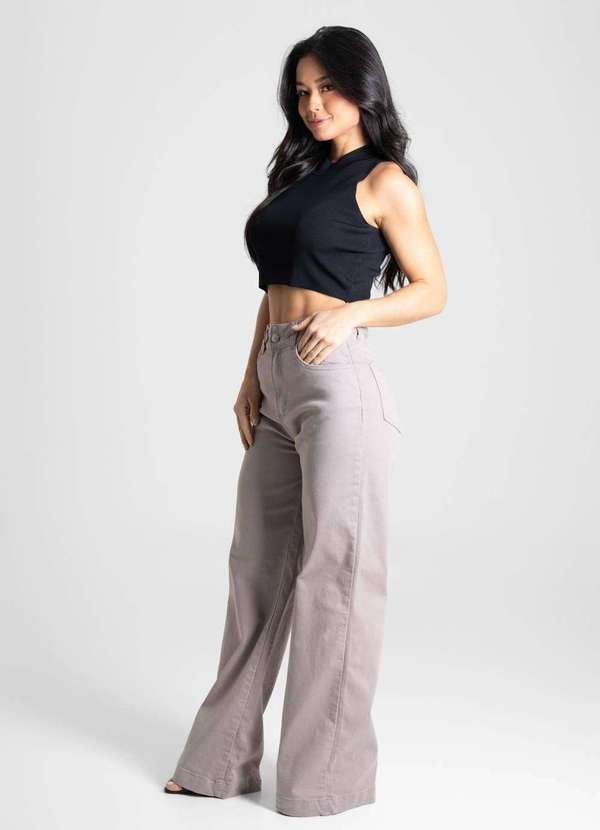 Sawary - Calça Sarja Sawary Wide Leg - 280472 Bege 3