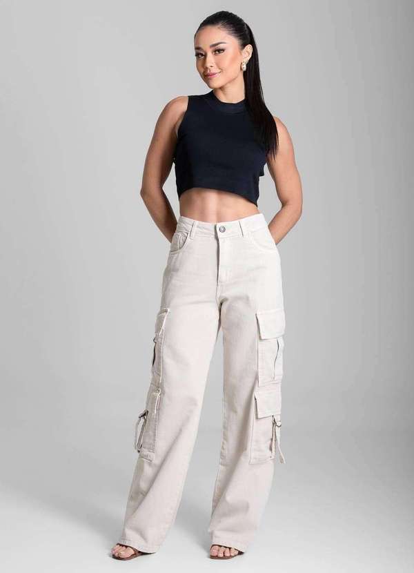 Sawary - Calça Sarja Sawary Wide Leg - 280482 Bege 2