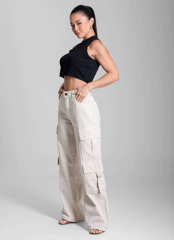 Sawary - Calça Sarja Sawary Wide Leg - 280482 Bege 3