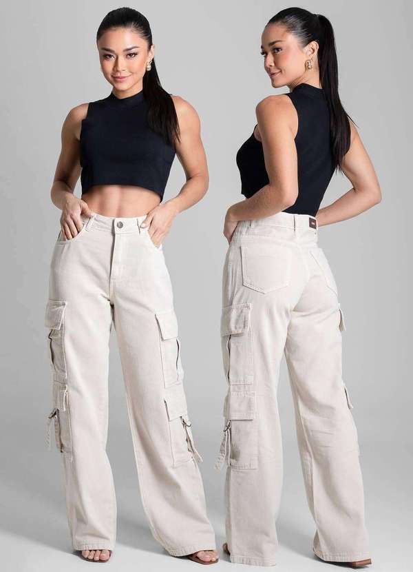 Sawary - Calça Sarja Sawary Wide Leg - 280482 Bege 6