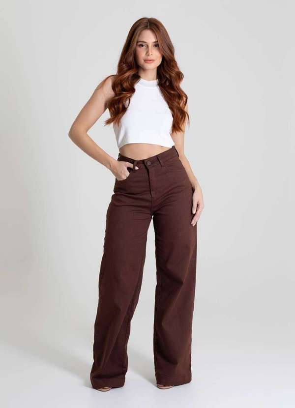 Sawary - Calça Sarja Sawary Wide Leg - 280484 Marrom 2