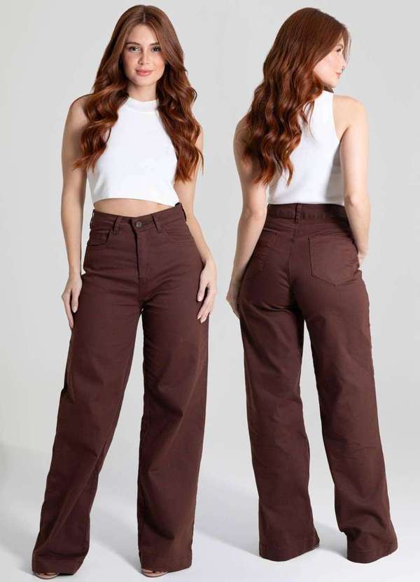Sawary - Calça Sarja Sawary Wide Leg - 280484 Marrom 6