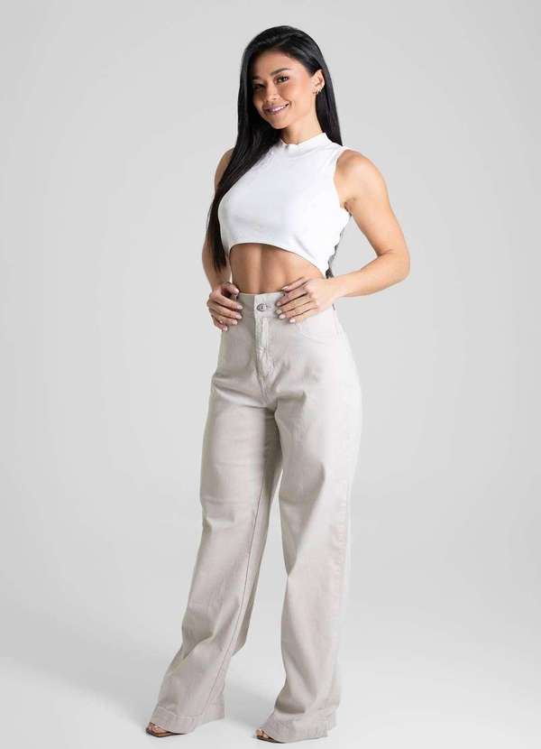 Sawary - Calça Sarja Sawary Wide Leg - 280657 Bege 3