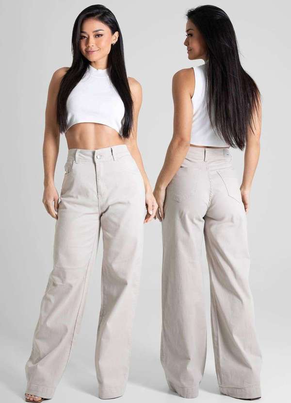 Sawary - Calça Sarja Sawary Wide Leg - 280657 Bege 6