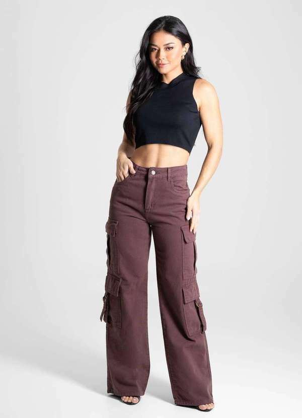 Sawary - Calça Sarja Sawary Wide Leg - 280761 Marrom 2