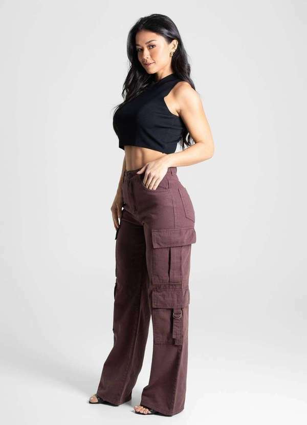 Sawary - Calça Sarja Sawary Wide Leg - 280761 Marrom 3