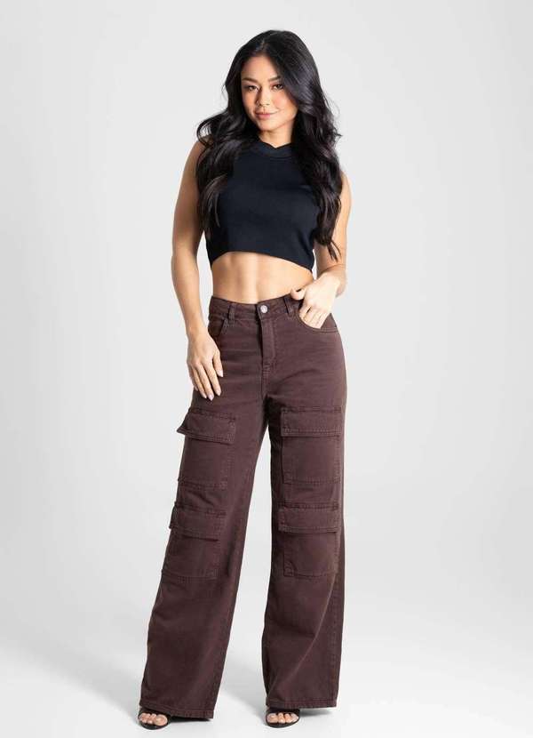 Sawary - Calça Sarja Sawary Wide Leg - 280817 Marrom 2