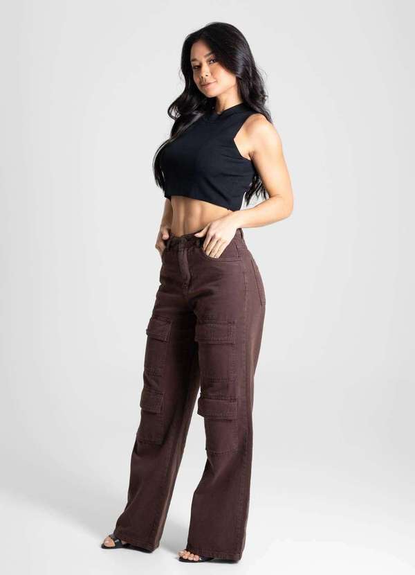 Sawary - Calça Sarja Sawary Wide Leg - 280817 Marrom 3