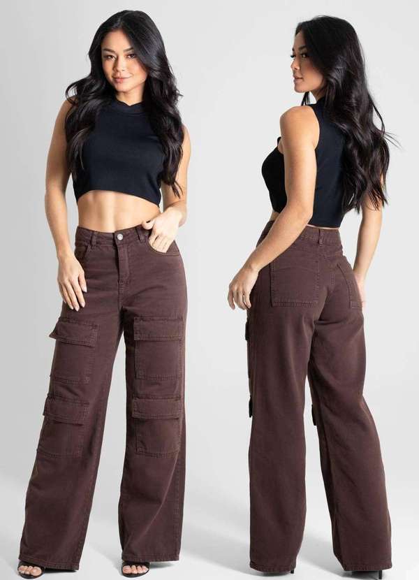 Sawary - Calça Sarja Sawary Wide Leg - 280817 Marrom 6