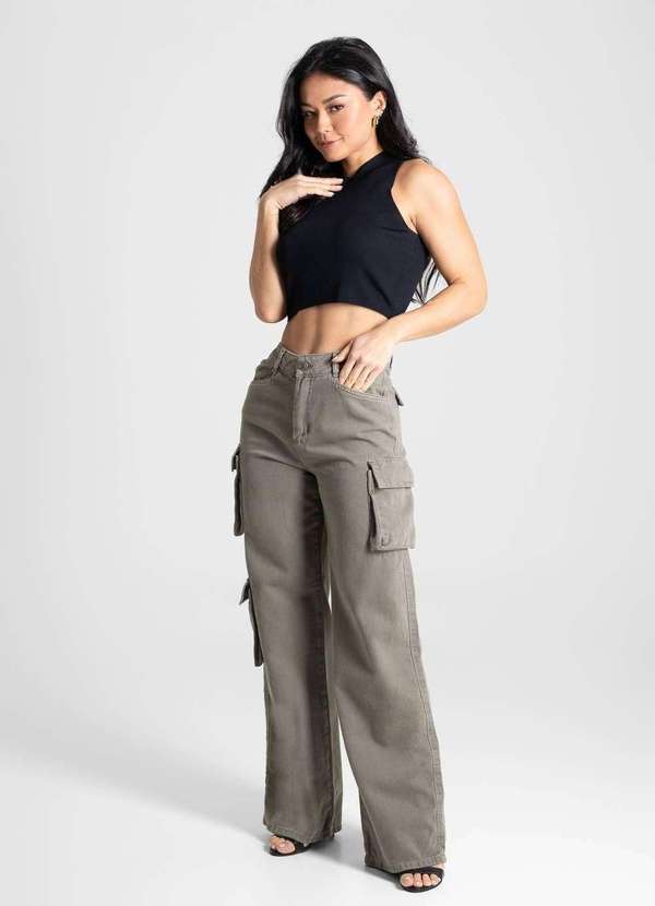 Sawary - Calça Sarja Sawary Wide Leg- 280818 Verde 3