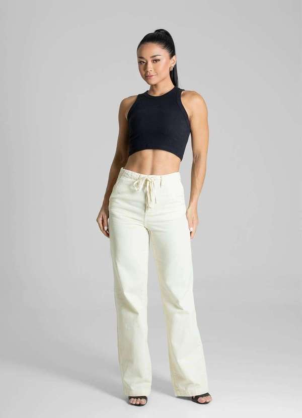 Sawary - Calça Sarja Sawary Wide Leg - 281585 Amarelo 2