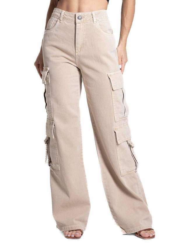 Sawary - Calça Sarja Sawary Wide Leg - 282160 Bege