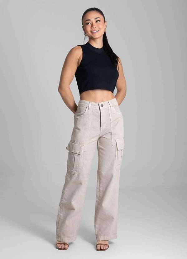 Sawary - Calça Sarja Sawary Wide Leg - 282297 Bege 2