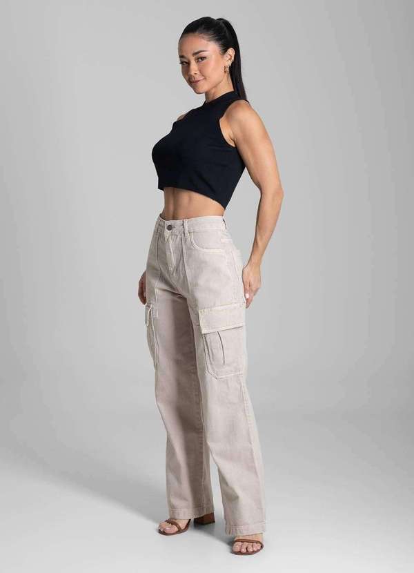Sawary - Calça Sarja Sawary Wide Leg - 282297 Bege 3