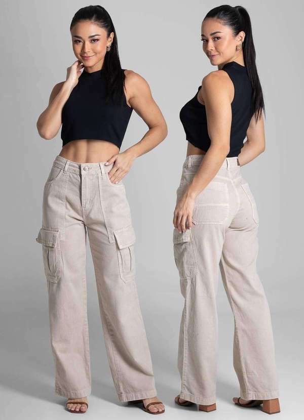 Sawary - Calça Sarja Sawary Wide Leg - 282297 Bege 6