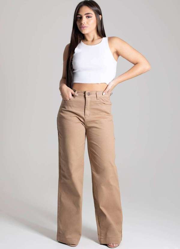 Sawary - Calça Sarja Sawary Wide Leg Bege 2