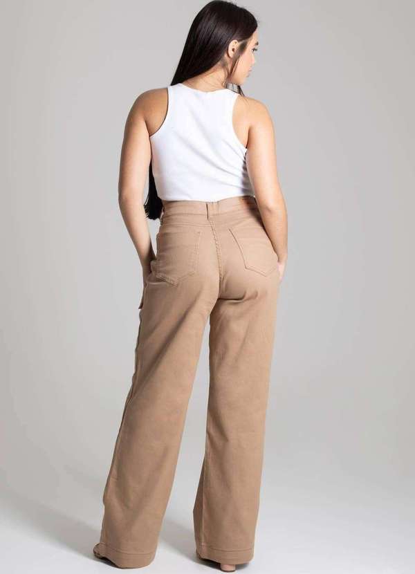 Sawary - Calça Sarja Sawary Wide Leg Bege 4