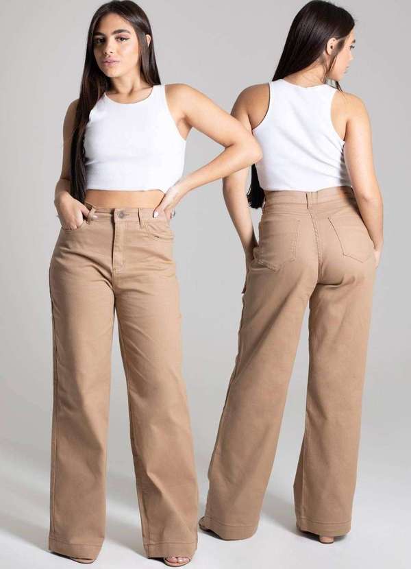 Sawary - Calça Sarja Sawary Wide Leg Bege 6