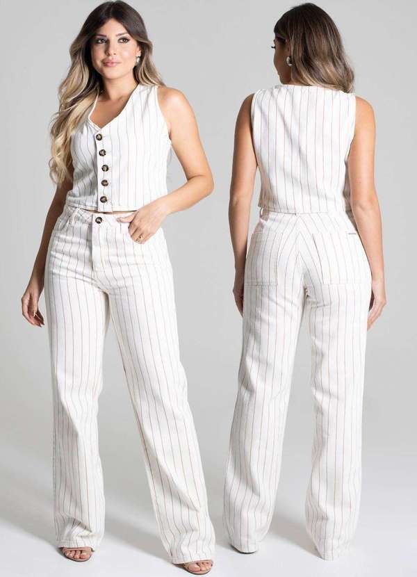 Sawary - Calça Sarja Sawary Wide Leg Bege 8