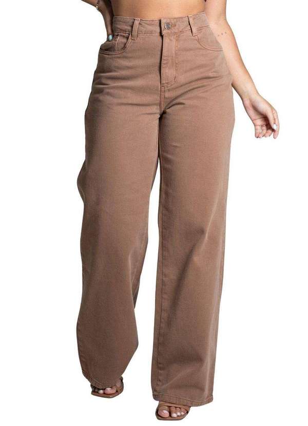 Sawary - Calça Sarja Sawary Wide Leg Bege