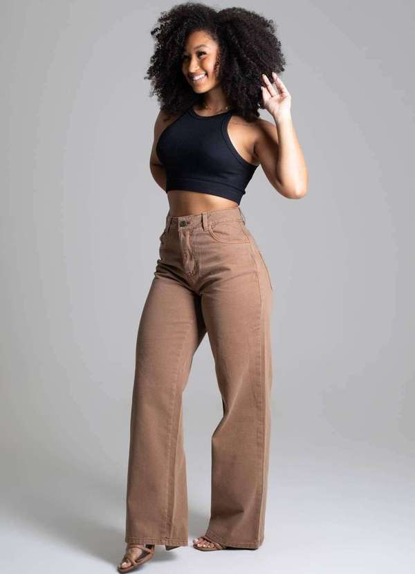 Sawary - Calça Sarja Sawary Wide Leg Bege 3