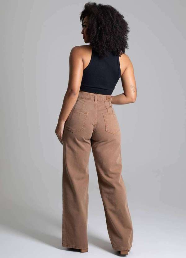 Sawary - Calça Sarja Sawary Wide Leg Bege 4