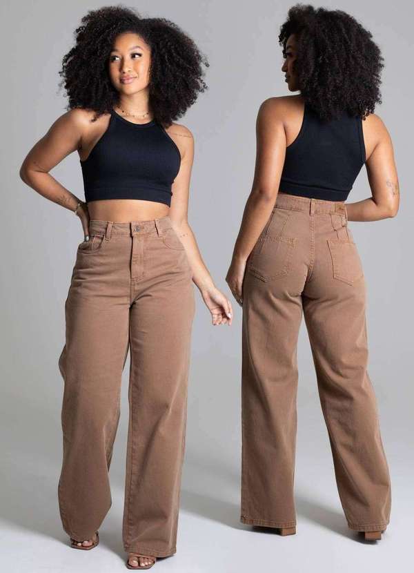 Sawary - Calça Sarja Sawary Wide Leg Bege 6