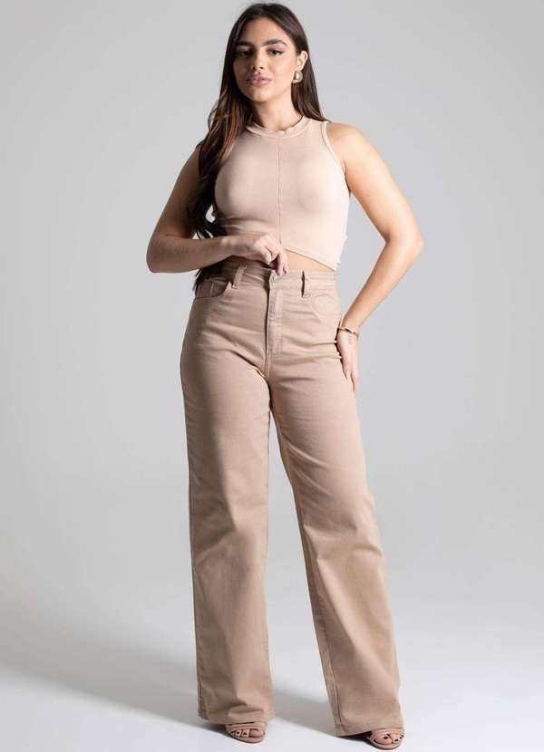 Sawary - Calça Sarja Sawary Wide Leg - 277558 Bege 2