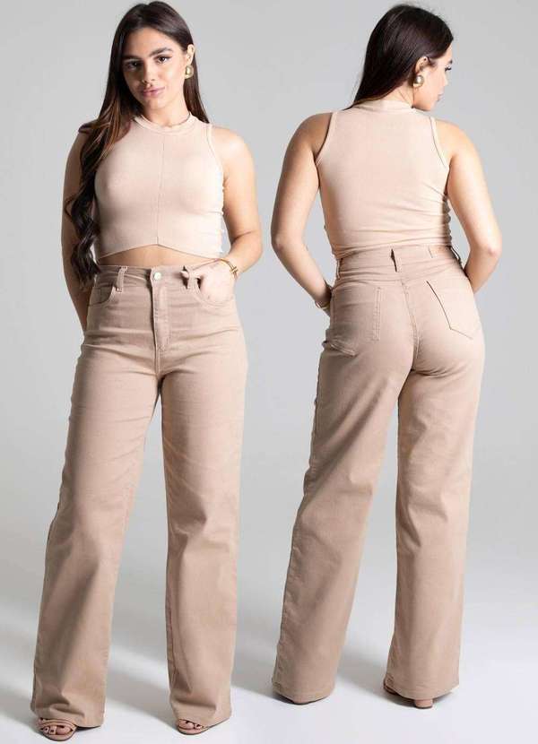 Sawary - Calça Sarja Sawary Wide Leg - 277558 Bege 7