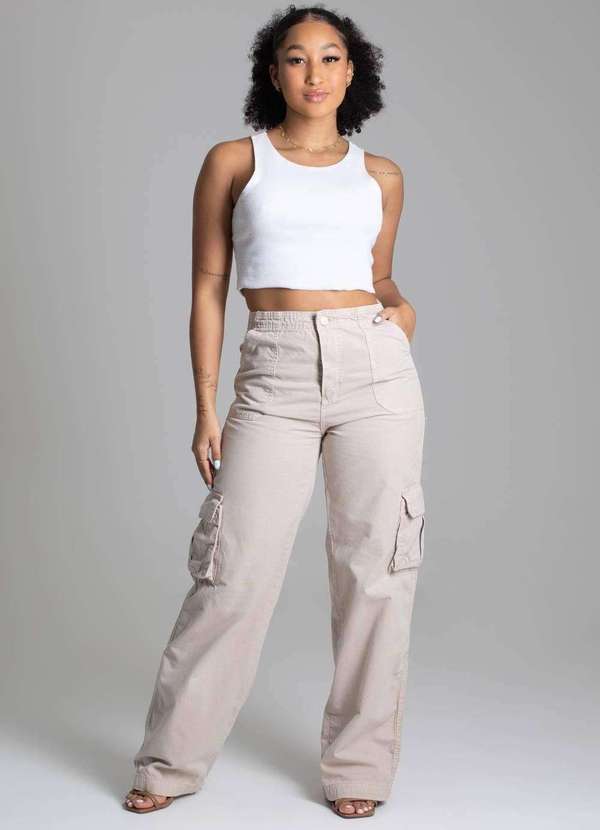 Sawary - Calça Sarja Sawary Wide Leg Cargo - 277850 Bege