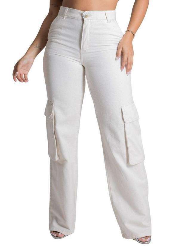Sawary - Calça Sarja Sawary Wide Leg Cargo Bege