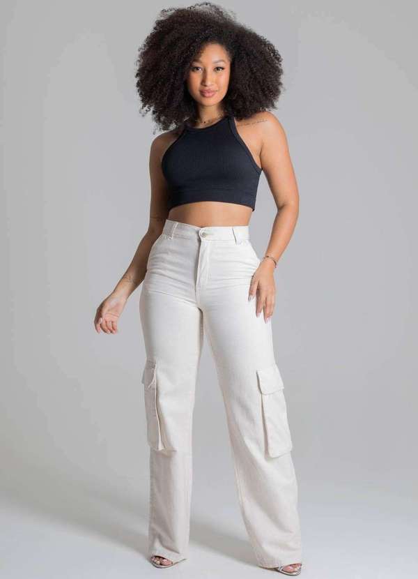 Sawary - Calça Sarja Sawary Wide Leg Cargo Bege 2