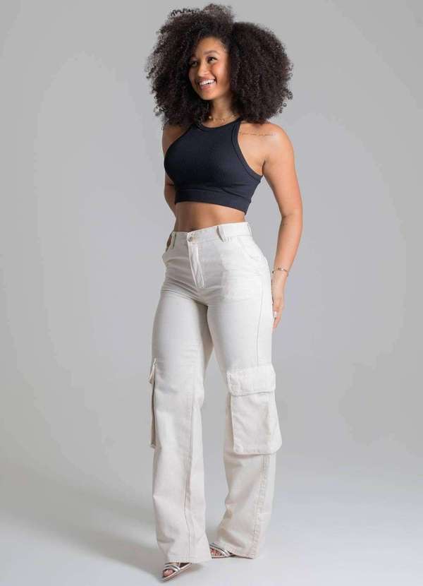 Sawary - Calça Sarja Sawary Wide Leg Cargo Bege 3