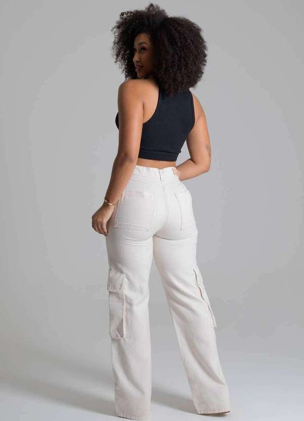 Sawary - Calça Sarja Sawary Wide Leg Cargo Bege 4