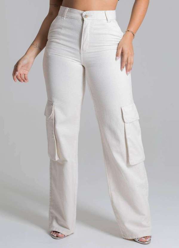 Sawary - Calça Sarja Sawary Wide Leg Cargo Bege 5