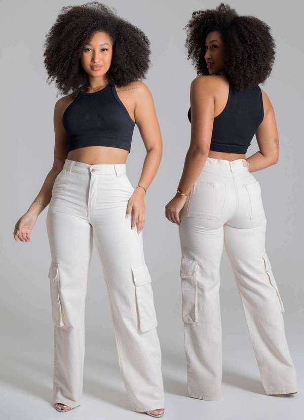 Sawary - Calça Sarja Sawary Wide Leg Cargo Bege 6