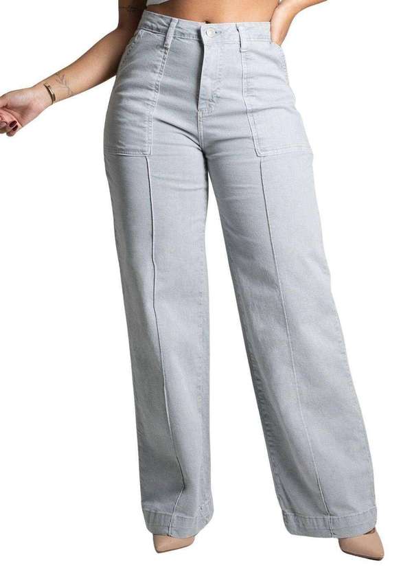 Sawary - Calça Sarja Sawary Wide Leg Cinza