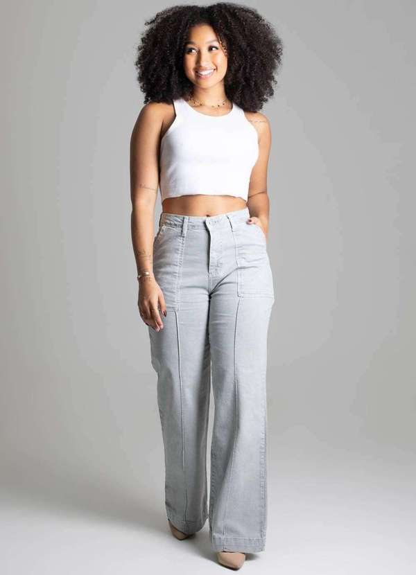 Sawary - Calça Sarja Sawary Wide Leg Cinza 2