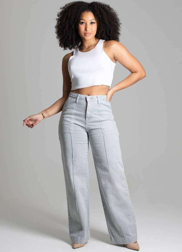 Sawary - Calça Sarja Sawary Wide Leg Cinza 3