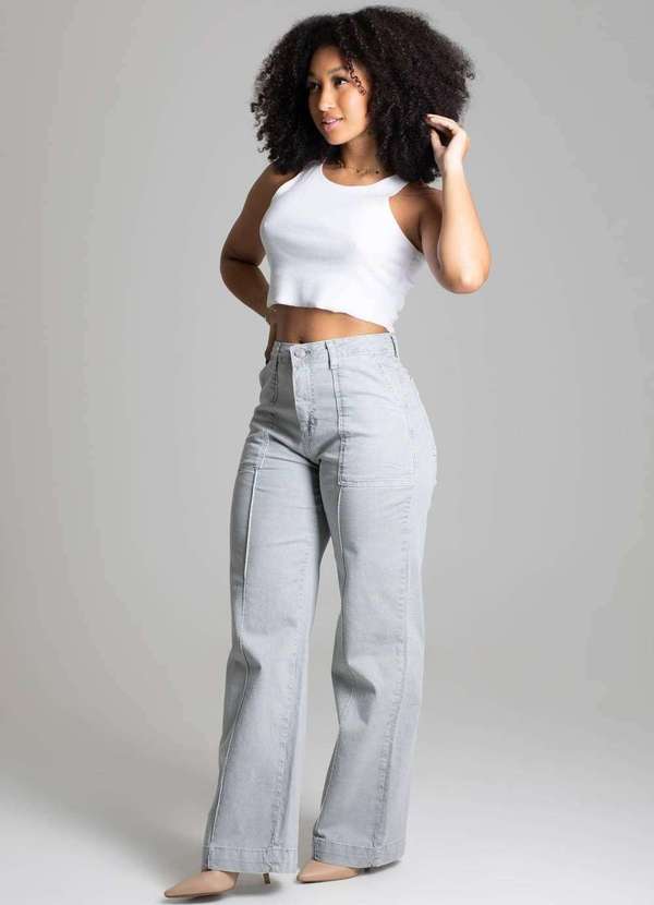 Sawary - Calça Sarja Sawary Wide Leg Cinza 4