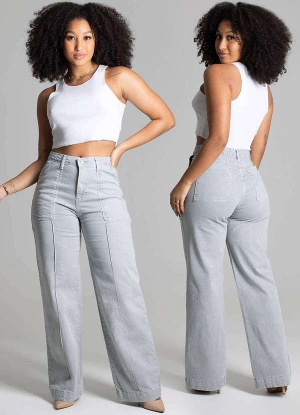 Sawary - Calça Sarja Sawary Wide Leg Cinza 7