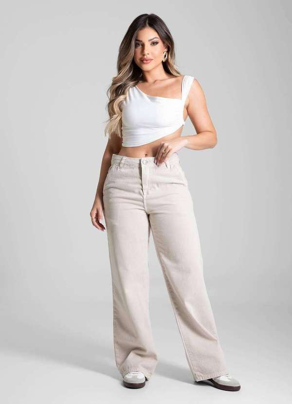 Sawary - Calça Sarja Sawary Wide Leg Petit - 281366 Bege 2