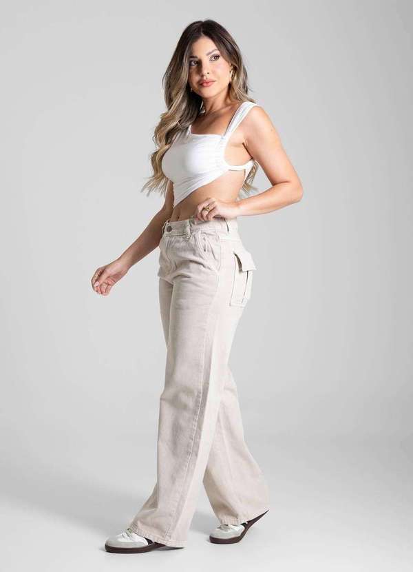 Sawary - Calça Sarja Sawary Wide Leg Petit - 281366 Bege 3