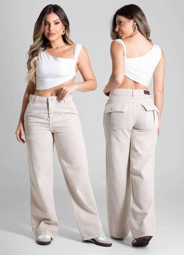 Sawary - Calça Sarja Sawary Wide Leg Petit - 281366 Bege 6