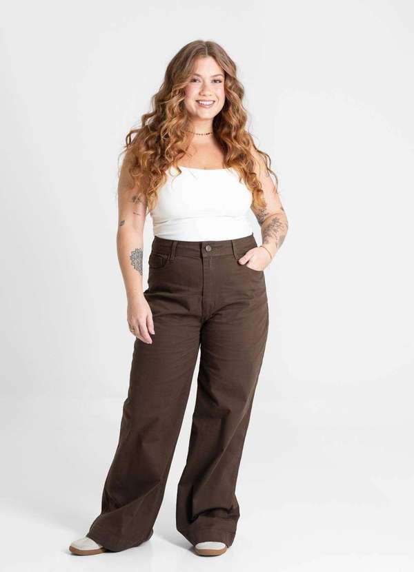 Sawary - Calça Sarja Sawary Wide Leg Plus Size - 280902 Marrom 2