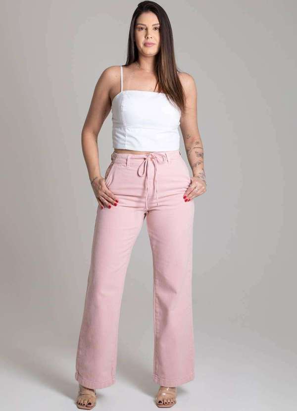 Sawary - Calça Sarja Sawary Wide Leg Rosa 3